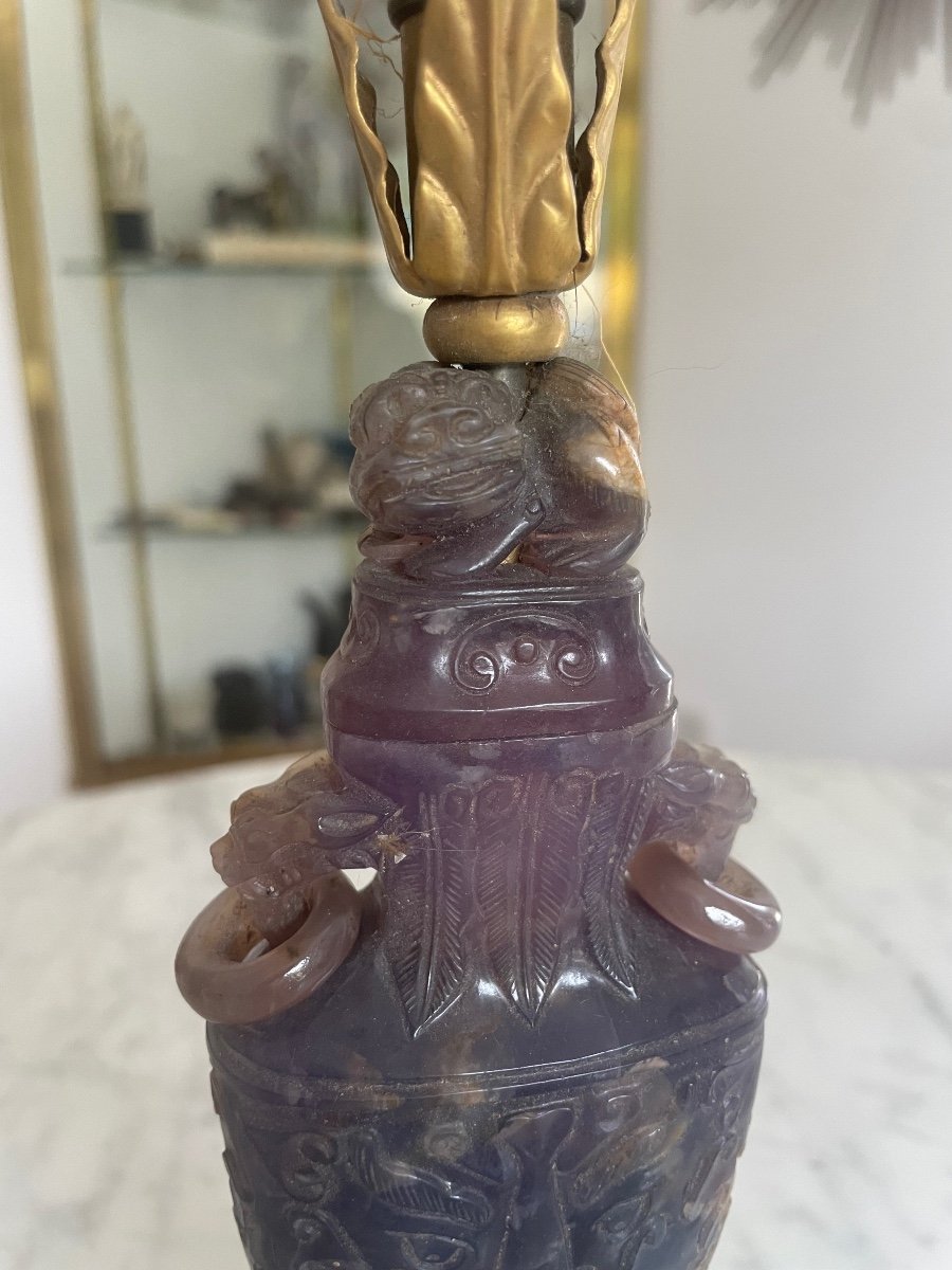 China: Carved Purple Quartz Covered Vase Mounted As A Lamp Base  -photo-2