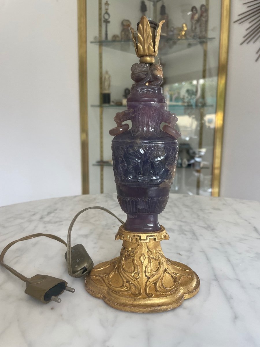 China: Carved Purple Quartz Covered Vase Mounted As A Lamp Base  