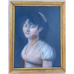 Portrait Pastel, Jeune Femme D’époque Empire 