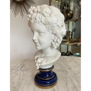 Bust Of A Young Boy Biscuit Statuette On Lapis Blue Enameled Pedestal