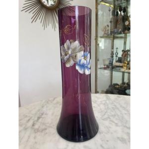 Purple Enameled Glass Vase With Flower Decor