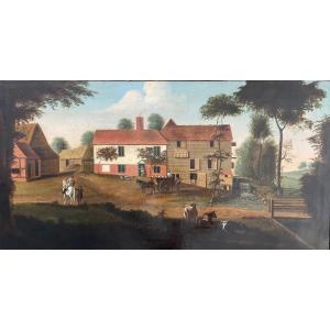 19th Century School. Village Scene, Oil On Canvas 