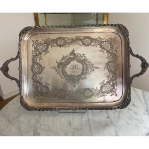 Rectangular Handled Tray In English Silver Metal With Engraved Scrollwork Decor  