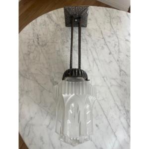 Art Deco Period Suspension Lamp In Patinated White Metal And Molded Glass Reflector