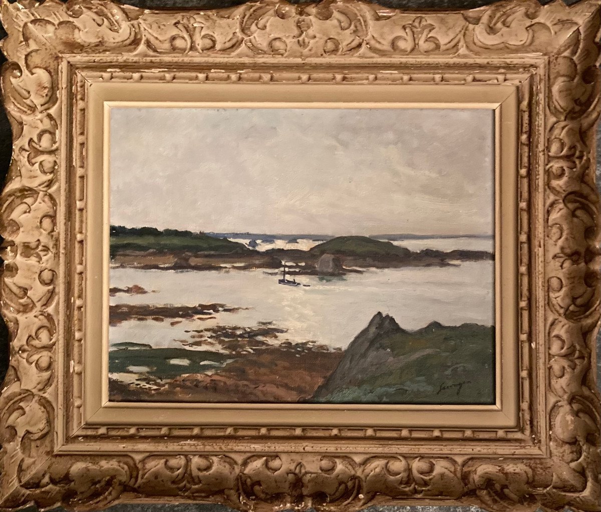 Lucien SEEVAGEN (1887-1959), Vue du Kerpont à Bréhat, Marine à l'huile sur toile cartonnée-photo-2