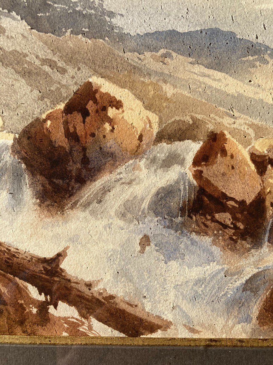 Jules Coignet (1798-1860), Torrent In The Alps, Watercolor And Brown Ink Wash-photo-2
