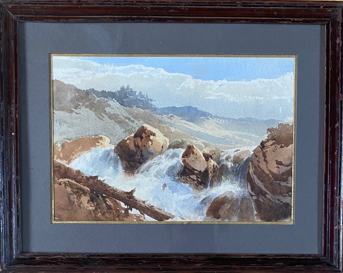 Jules Coignet (1798-1860), Torrent In The Alps, Watercolor And Brown Ink Wash