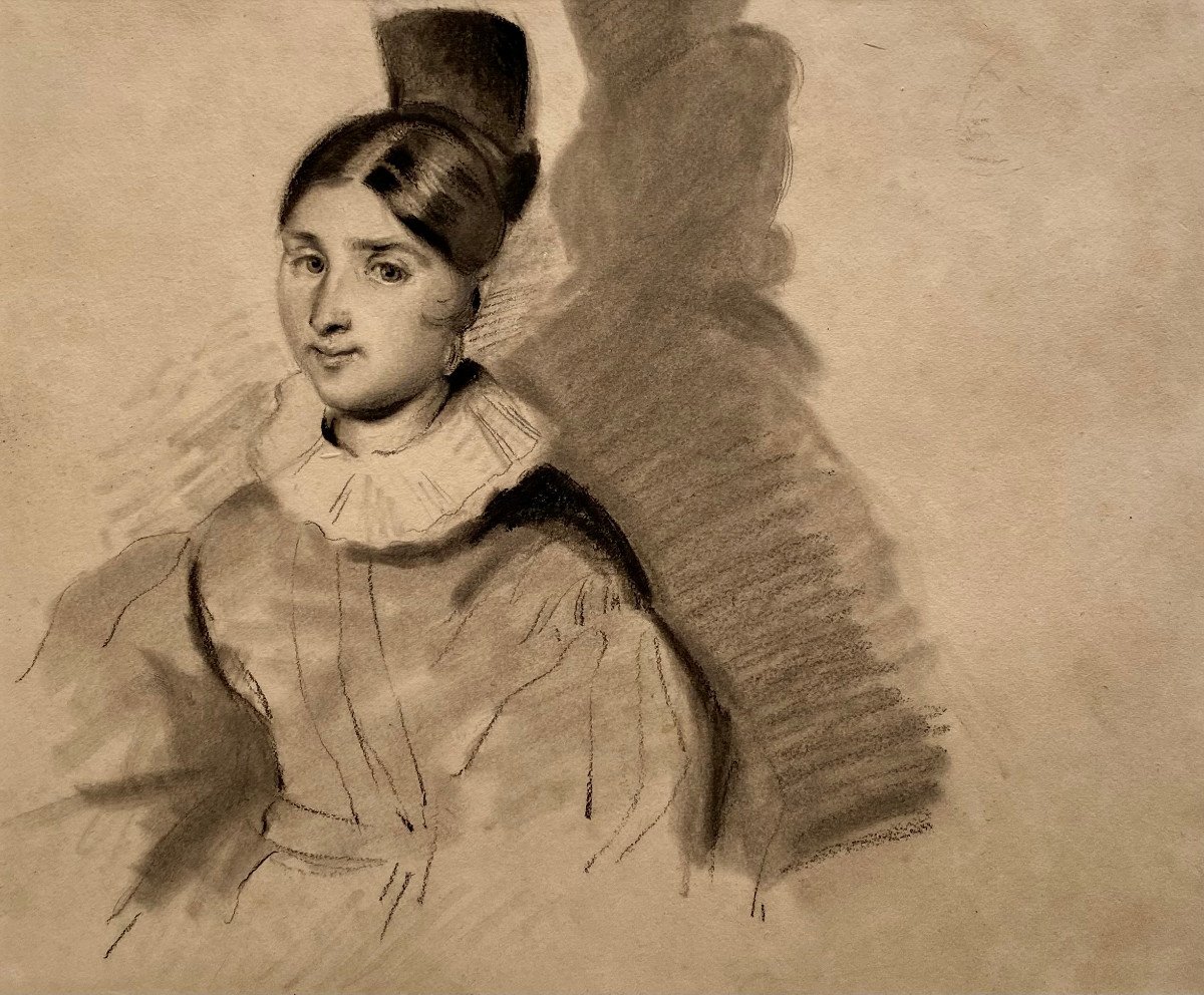 Alexandre-Marie COLIN (1798-1875) Attribué à, Étude Pour Un Portrait, Dessin, Pierre Noire  Estompe