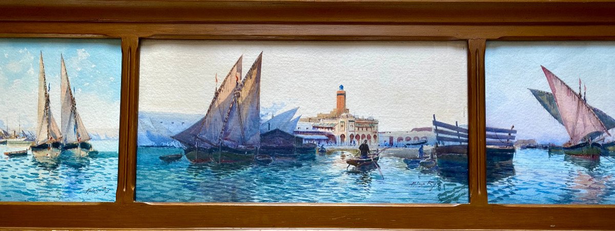 Alphonse Rey (1864-1936), View Of The Admiralty Of The Port Of Algiers, Large Watercolor Triptych-photo-2