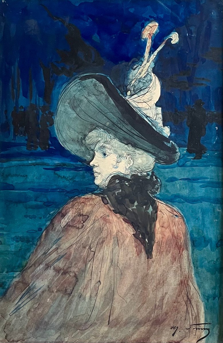 Henry SOMM (1844-1907) Jeune Élégante Au Chapeau, Nocturne, Aquarelle -photo-2