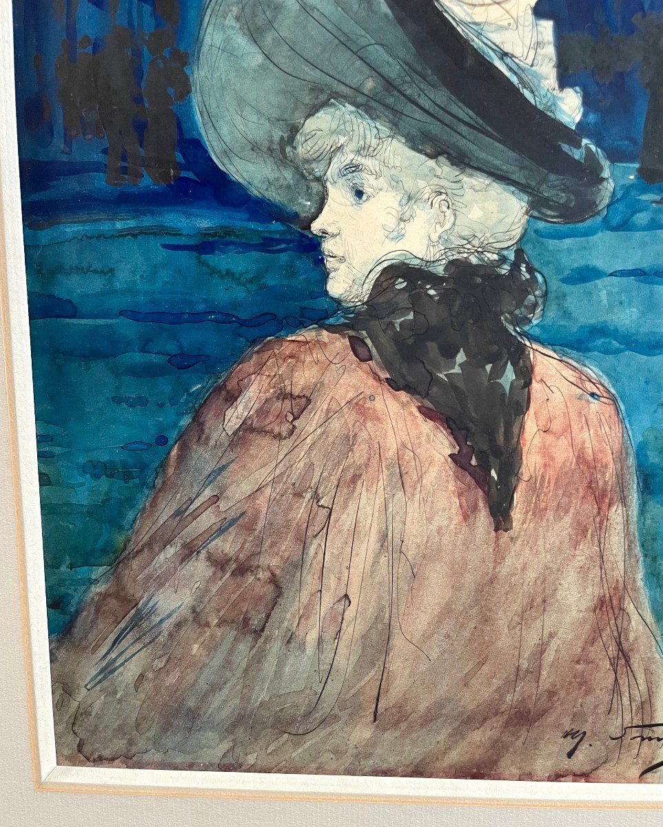 Henry SOMM (1844-1907) Jeune Élégante Au Chapeau, Nocturne, Aquarelle -photo-2