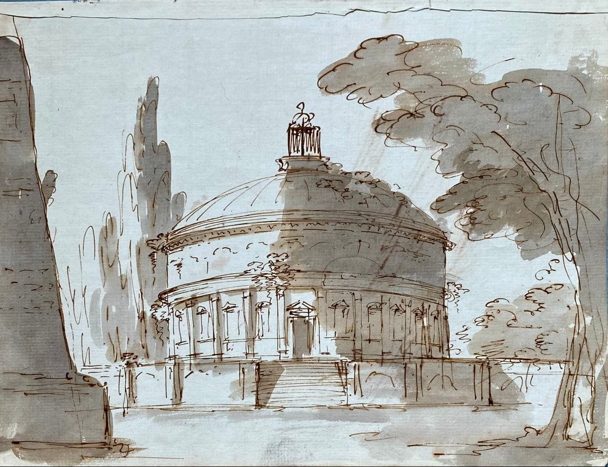 Piranesian School Of The 18th Century, Imaginary Architectural Study, Brown Ink Pen And Gray Wash