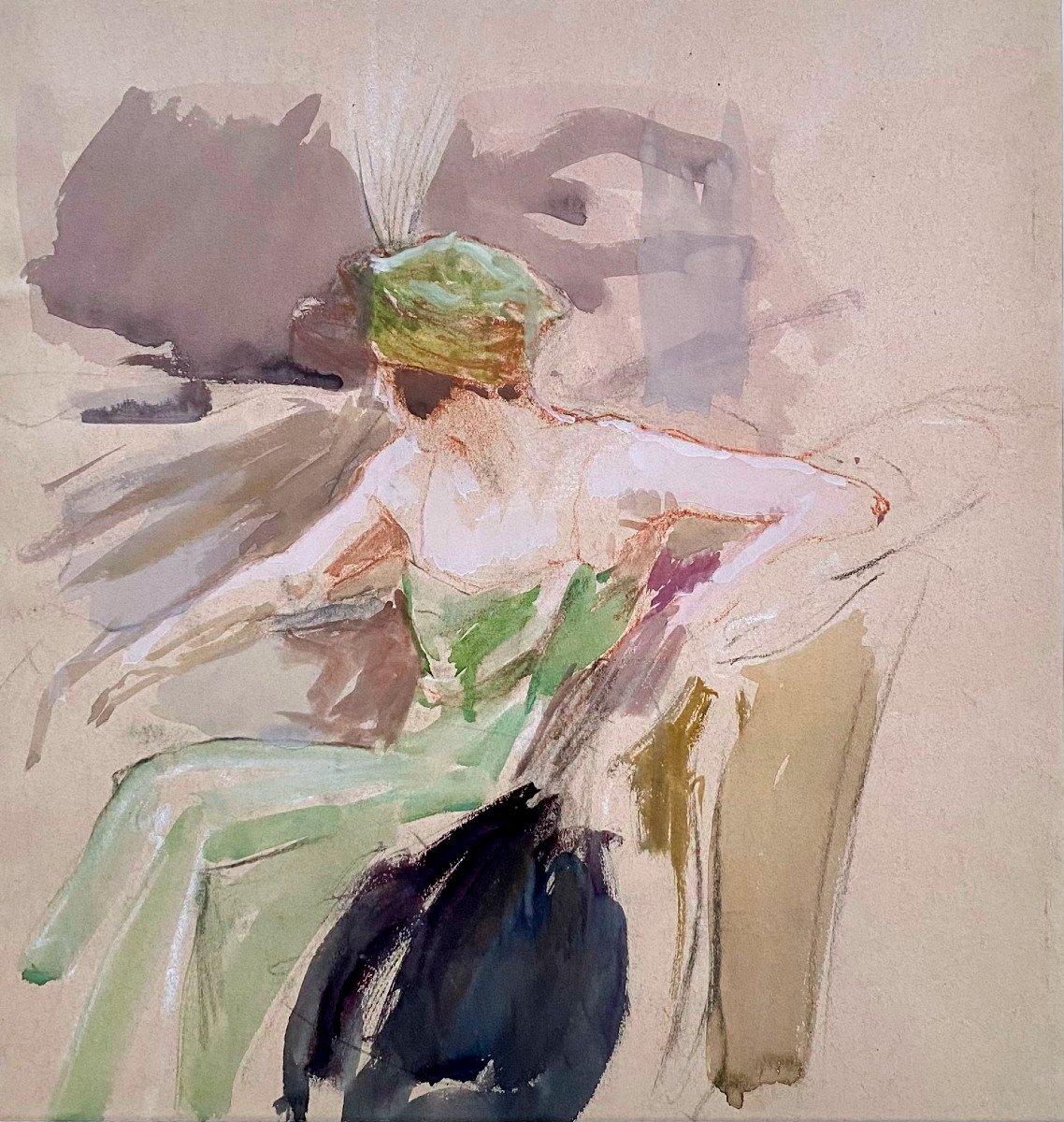 Henri Royer (1869-1938) Study Of Seated Woman, Watercolor, Gouache Charcoal-photo-2