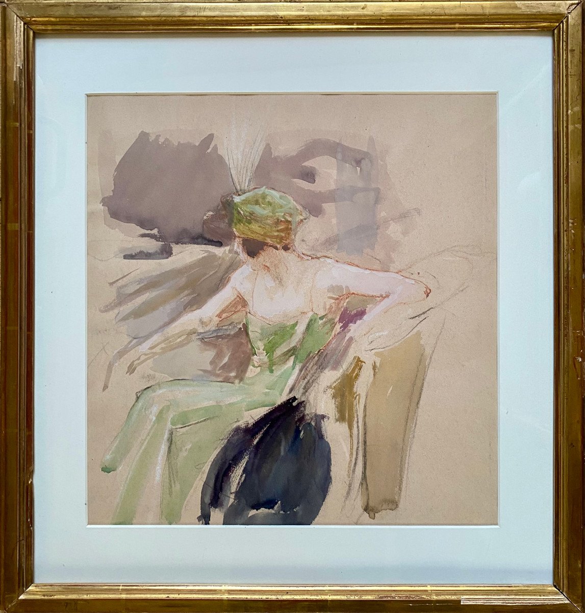 Henri Royer (1869-1938) Study Of Seated Woman, Watercolor, Gouache Charcoal