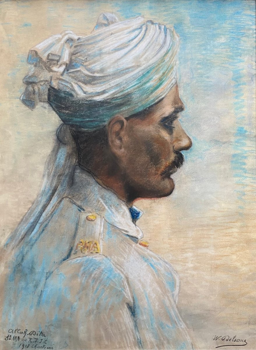 Willem DELSAUX (1862-1945)  Portrait d'Un Soldat Indien , Signé Et Daté 1918, Grand Pastel-photo-2