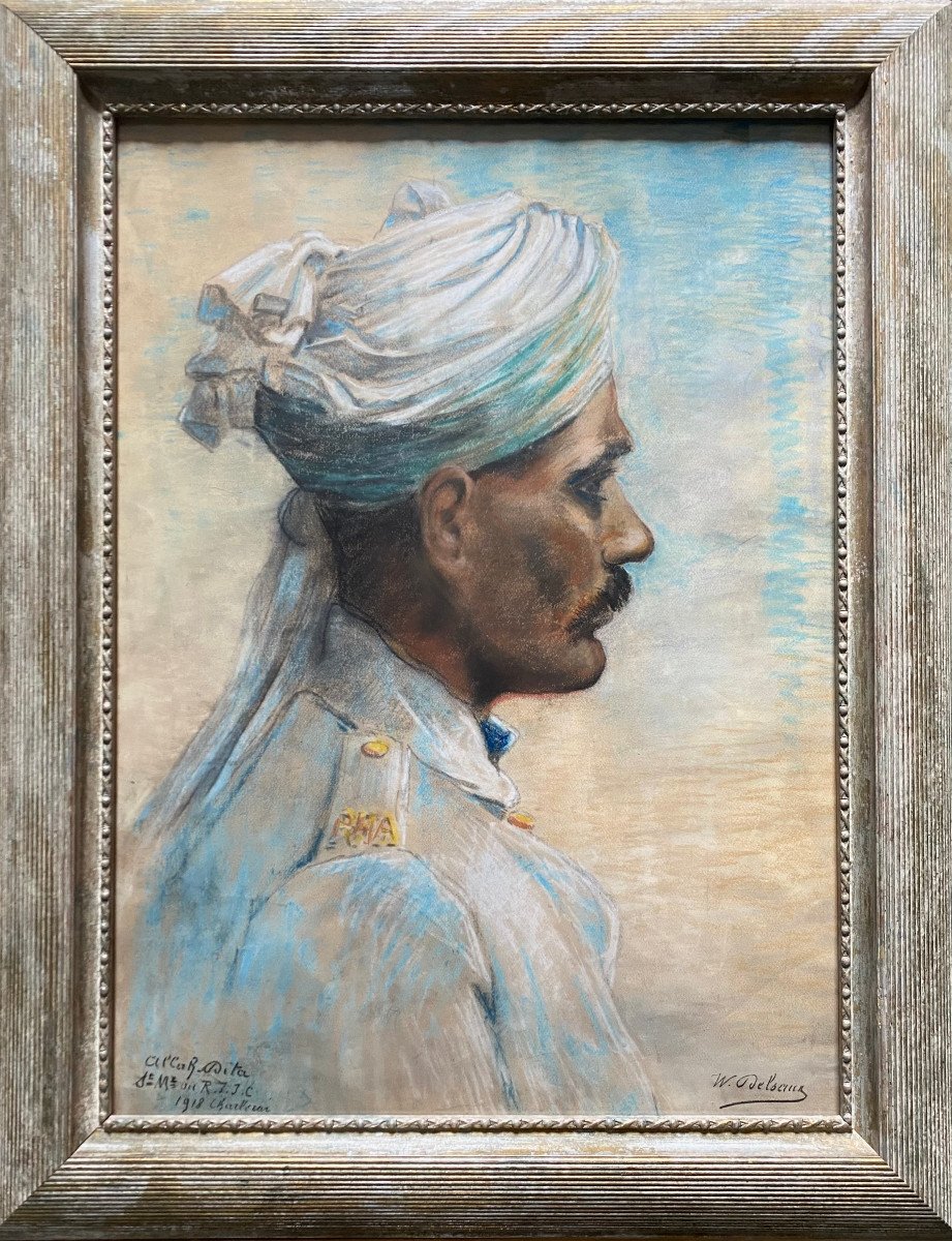 Willem DELSAUX (1862-1945)  Portrait d'Un Soldat Indien , Signé Et Daté 1918, Grand Pastel