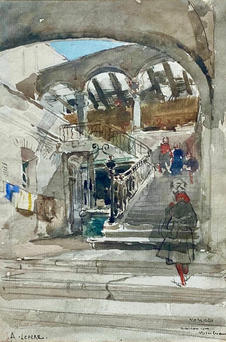 Auguste LEPÈRE (1849-1918) Marseille Vue intérieure d'une maison à Mirabeau, Aquarelle et plume-photo-2