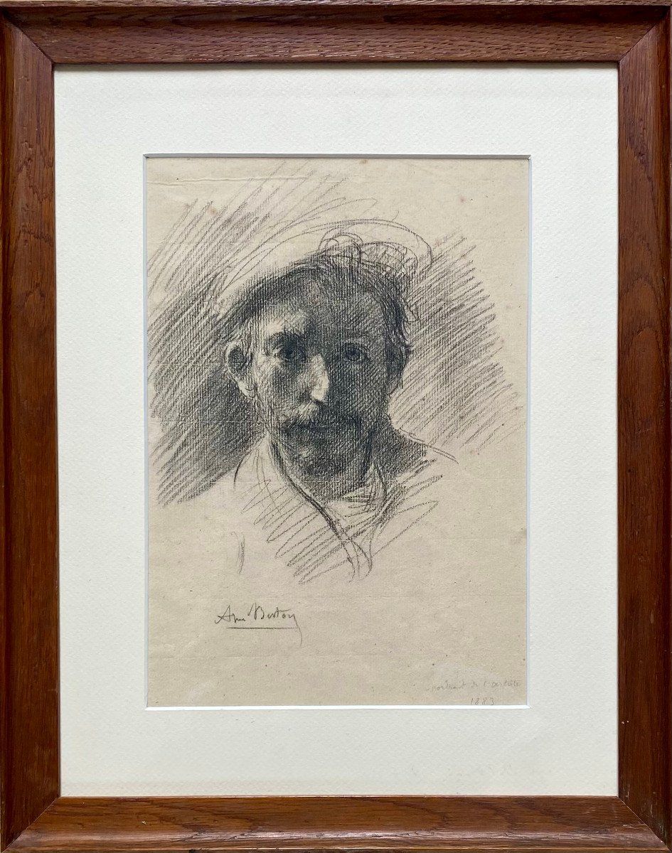 Armand BERTON (1854-1917)  Autoportrait au Crayon, Signé, Vers 1880