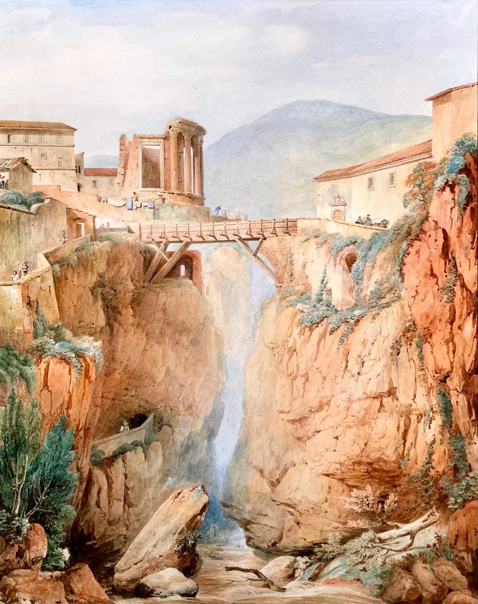 Jean-François Joseph LECOINTE (1783-1858) Vue du Temple de Vesta à Tivoli, Grande Aquarelle-photo-2