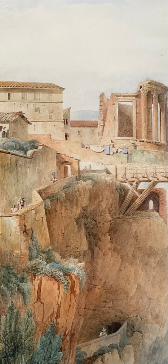 Jean-François Joseph LECOINTE (1783-1858) Vue du Temple de Vesta à Tivoli, Grande Aquarelle-photo-5