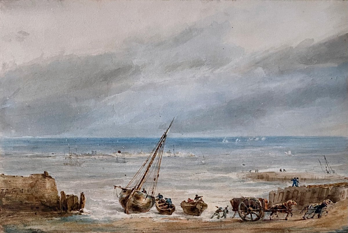 Théodore Gudin (1802-1880) Unloading On The Shore, Watercolor, Signed And Dated 1827-photo-2