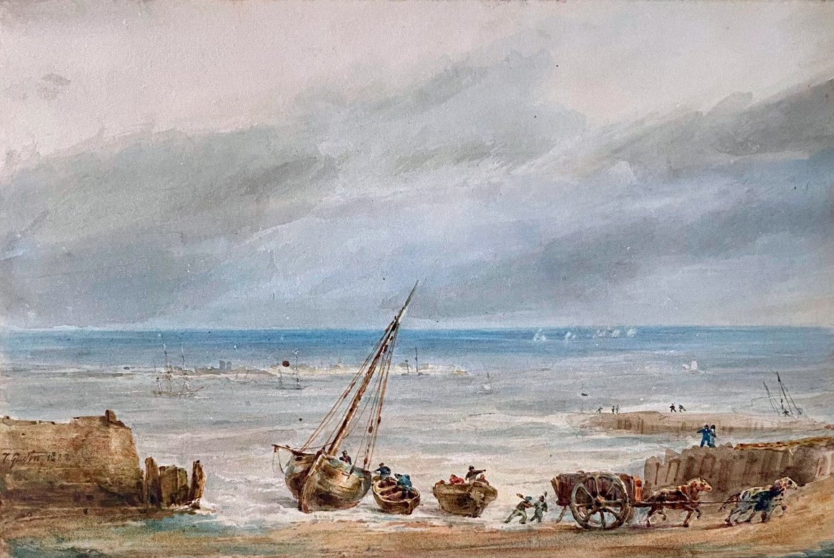 Théodore GUDIN (1802-1880) Le Déchargement sur la Grève, Aquarelle, Signé et Daté 1827