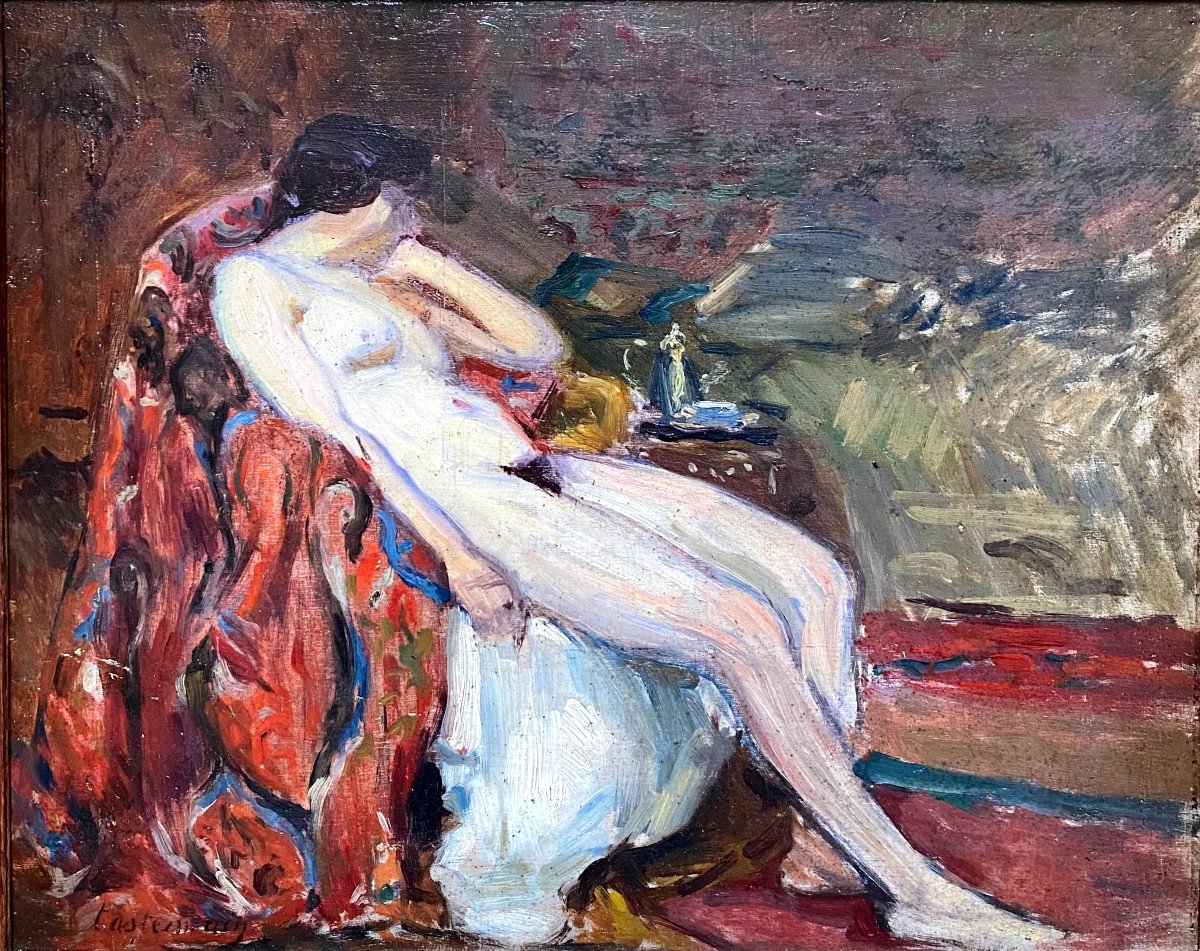 Maurice Tastemain (1878-1944) Female Nude In An Interior, Oil On Panel, Signed -photo-2