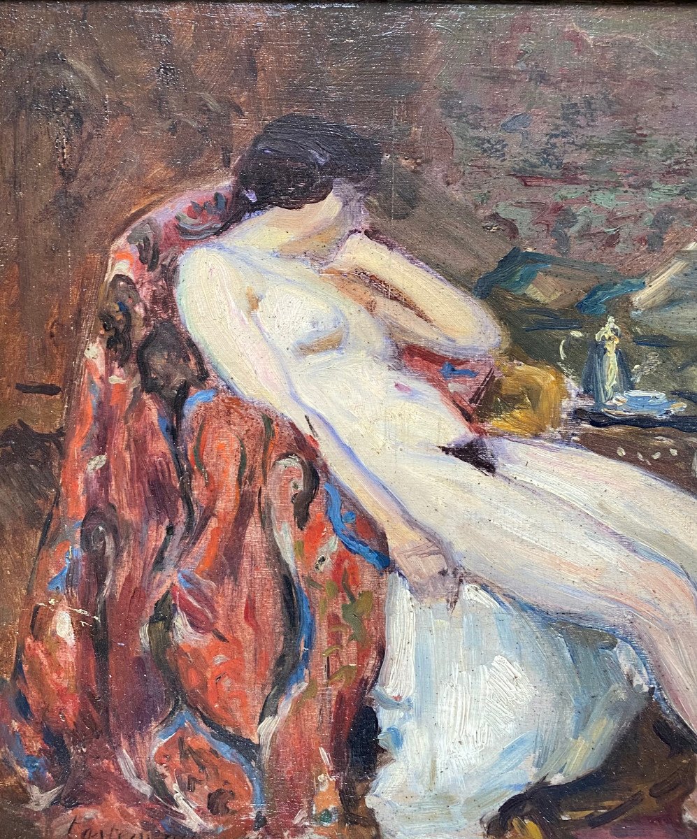 Maurice Tastemain (1878-1944) Female Nude In An Interior, Oil On Panel, Signed -photo-3