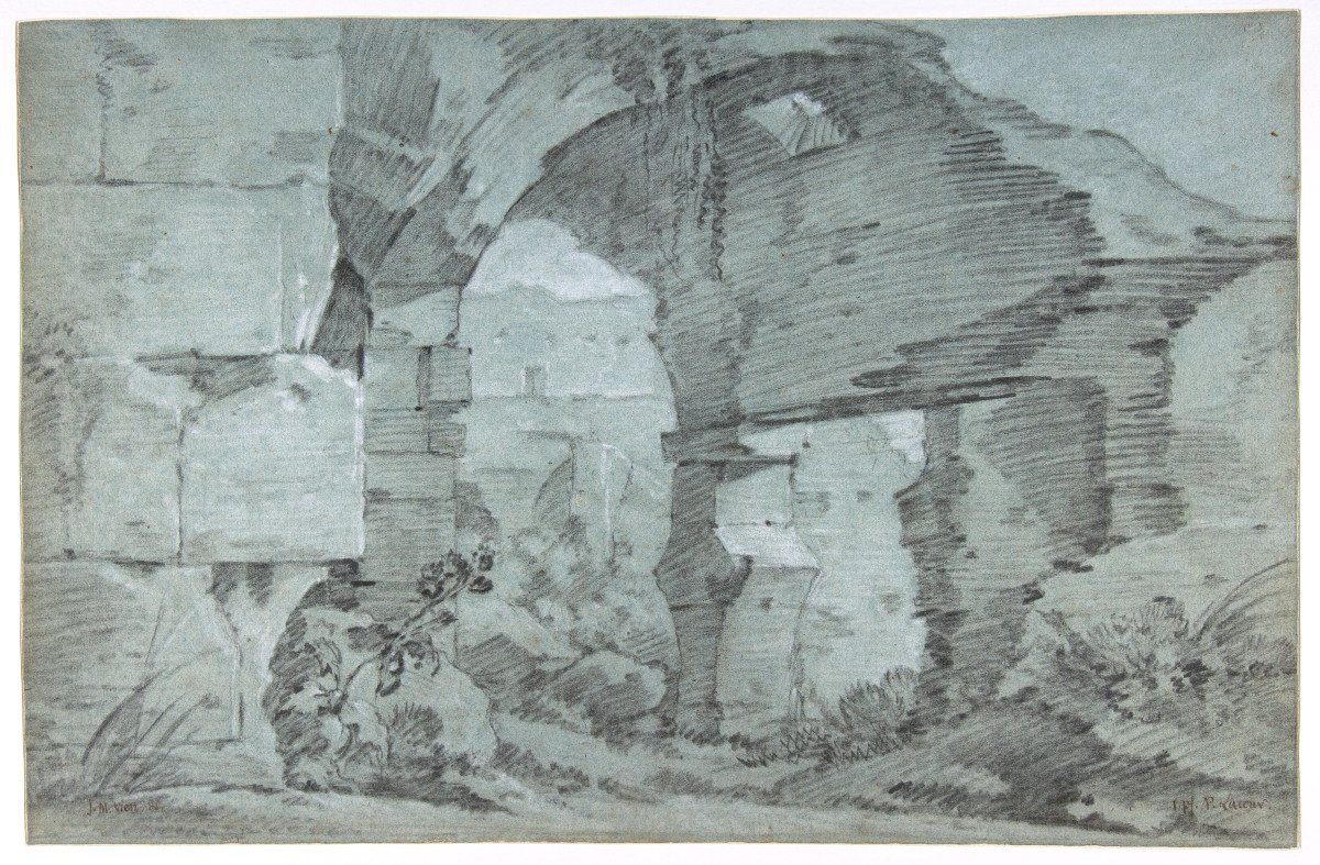 Joseph-Marie VIEN (1716-1809) Attribué à, Ruine Du Colisée, Grand Dessin Sur Papier Bleu-photo-4