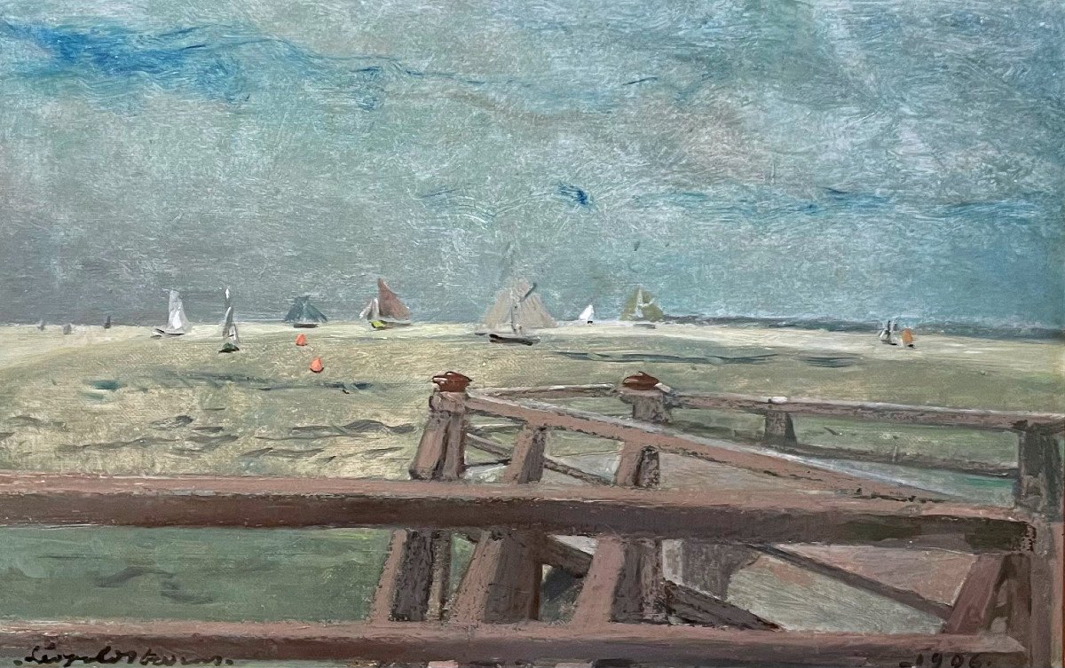 Leopold STEVENS ( 1866-1935) Les Régates à Trouville, Huile sur carton, signée et datée 1906-photo-2