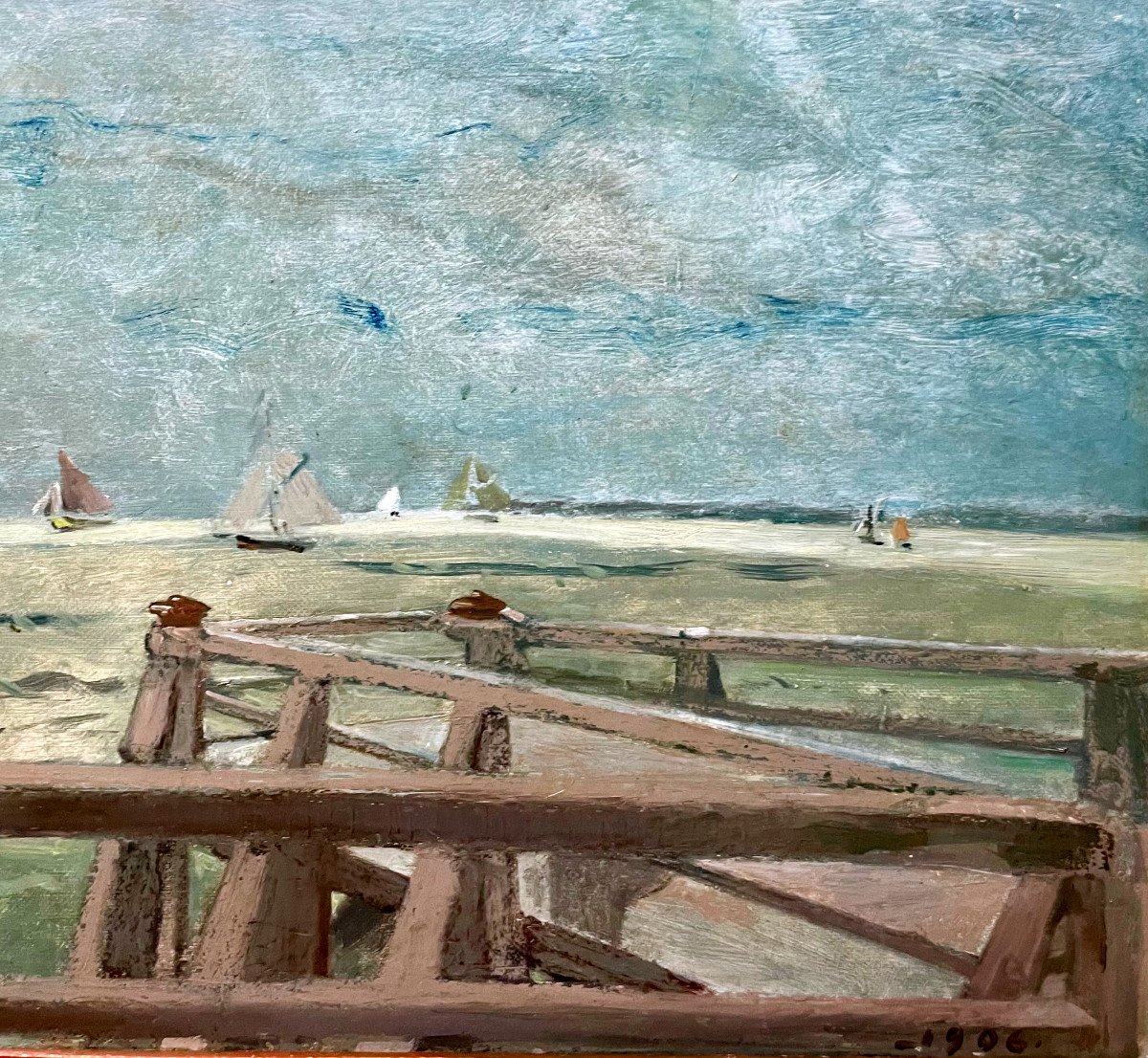 Leopold STEVENS ( 1866-1935) Les Régates à Trouville, Huile sur carton, signée et datée 1906-photo-3