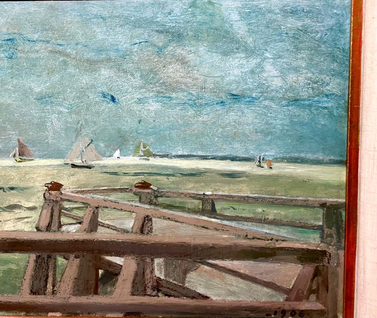 Leopold STEVENS ( 1866-1935) Les Régates à Trouville, Huile sur carton, signée et datée 1906-photo-4