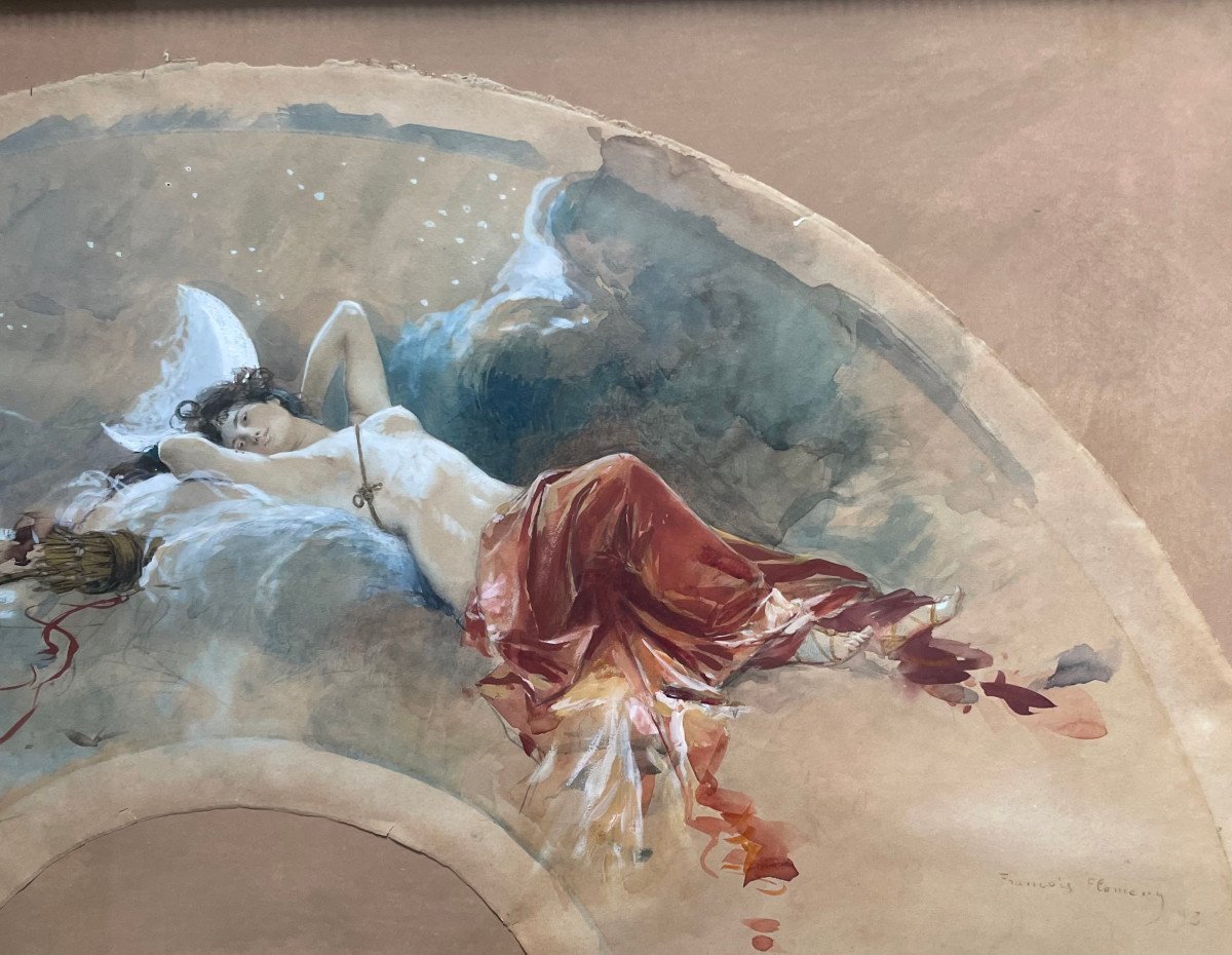 François FLAMENG (1856 - 1923) Projet d'Eventail avec Diane Chasseresse, Aquarelle, Signé, 1893-photo-6