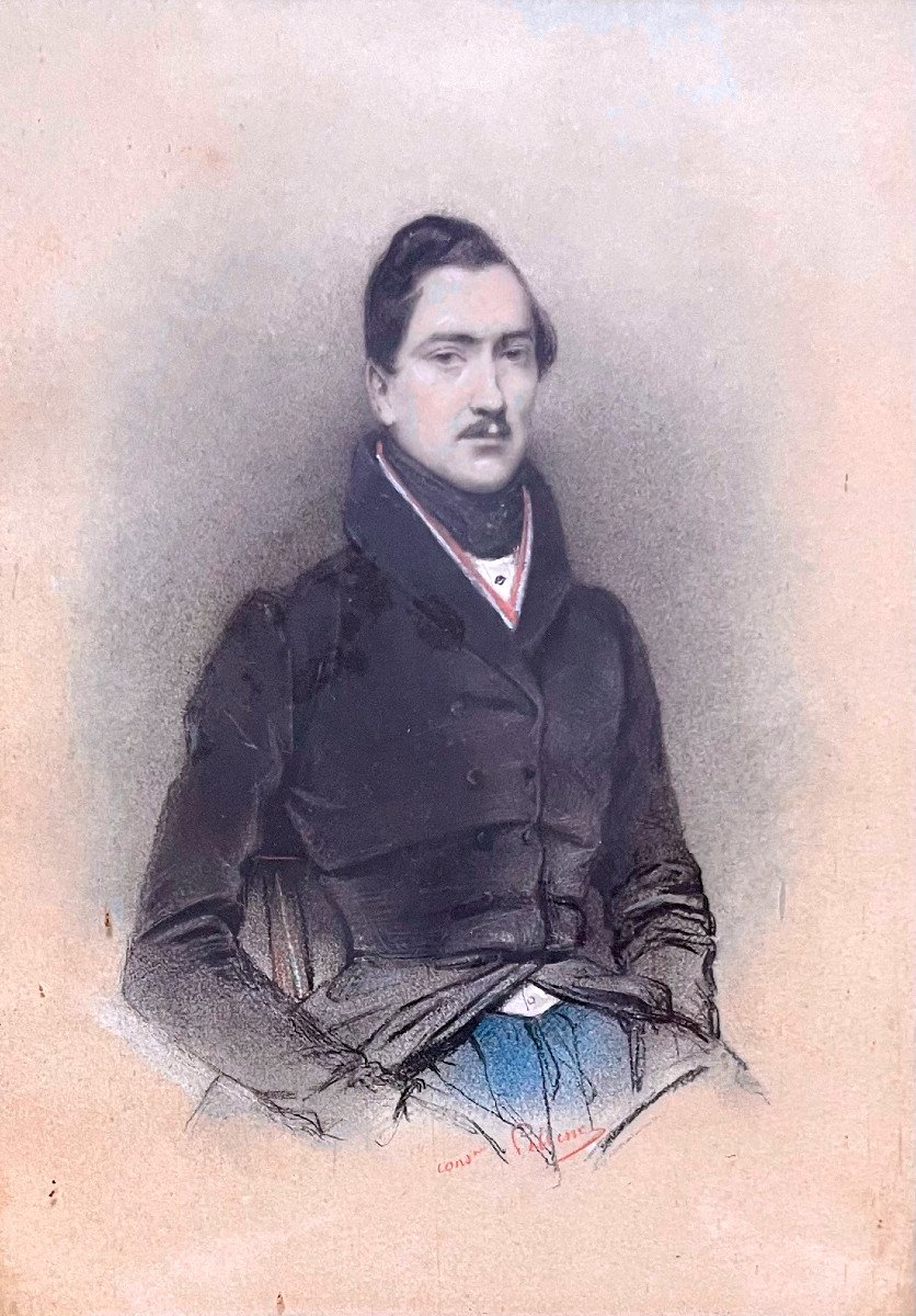 Léon PELLENC (1819-1894) Paire De Portraits Représentant Deux Dandys, Crayon Et Gouache, Signés-photo-1