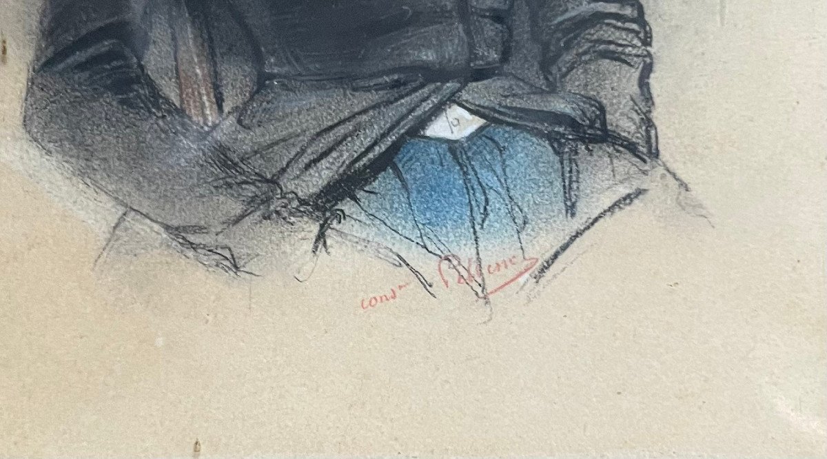 Léon PELLENC (1819-1894) Paire De Portraits Représentant Deux Dandys, Crayon Et Gouache, Signés-photo-3