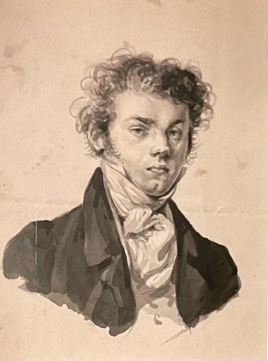 Ecole Française Vers 1820, Portrait d'Un Jeune Homme, Plume Et Lavis d'Encre -photo-2