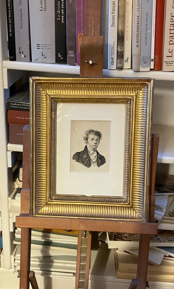 Ecole Française Vers 1820, Portrait d'Un Jeune Homme, Plume Et Lavis d'Encre -photo-3