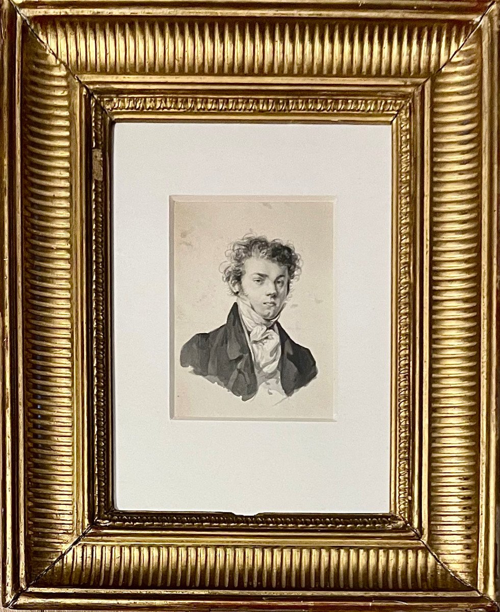 Ecole Française Vers 1820, Portrait d'Un Jeune Homme, Plume Et Lavis d'Encre 