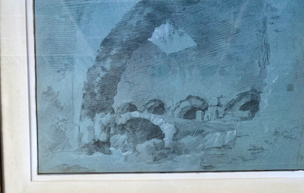 Charles Michelangelo Challe (1718-1878) Attributed To, Ruin Of The Colosseum, Drawing On Blue Paper-photo-1