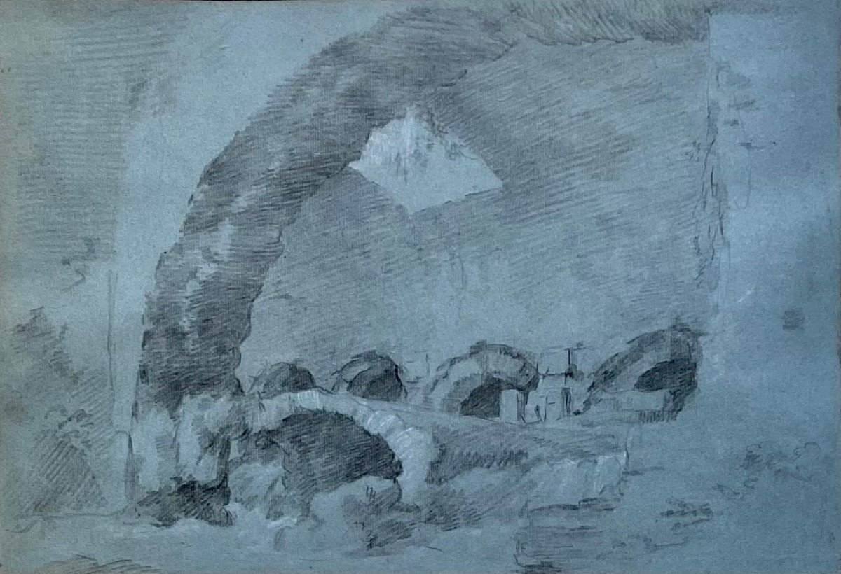 Charles Michelangelo Challe (1718-1878) Attributed To, Ruin Of The Colosseum, Drawing On Blue Paper