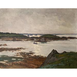 Lucien Seevagen (1887-1959), View Of Kerpont In Bréhat, Marine, Oil On Cardboard Canvas