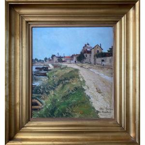 Pierre VAUTHIER (1845-1916), Paysage impressioniste Vue d'Athis-sur-seine, Huile Sur Panneau