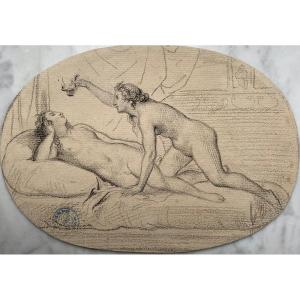 Achille Devéria (1800-1857) Erotic Drawing, Sapphic Scene, Black Stone, Romantic Period.