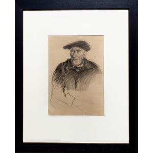 Jean Frélaut (1879-1954), Portrait Of A Breton, Charcoal Drawing, Charles Martyne Collection