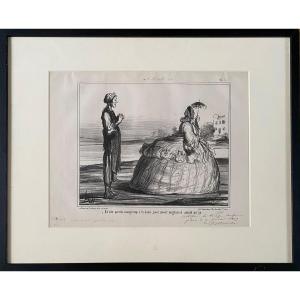 Honoré Daumier, Extremely Rare Lithograph, Notice To Feminists, News Series, Print On White 