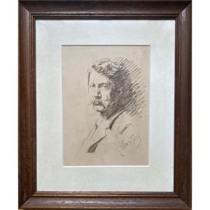 Emile WAUTERS (1846-1933)  Autoportrait, Dessin Au fusain Signé