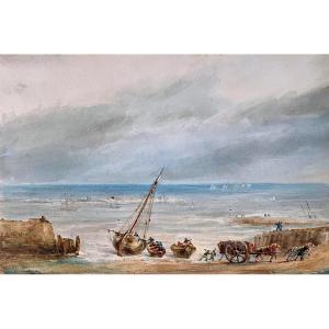 Théodore GUDIN (1802-1880) Le Déchargement sur la Grève, Aquarelle, Signé et Daté 1827