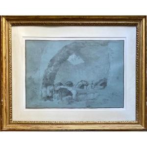 Joseph-marie Vien (1716-1809) Attributed To, Ruin Of The Colosseum, Large Drawing On Blue Paper