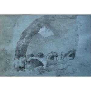 Joseph-marie Vien (1716-1809) Attributed To, Ruin Of The Colosseum, Large Drawing On Blue Paper