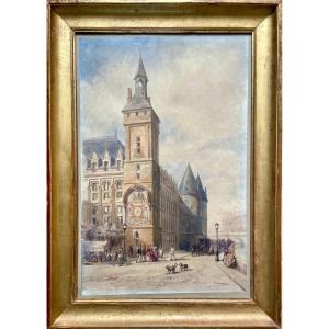 Georges-françois Guiaud (1840-1887) The Clock Tower And The Conciergerie, Signed Watercolor